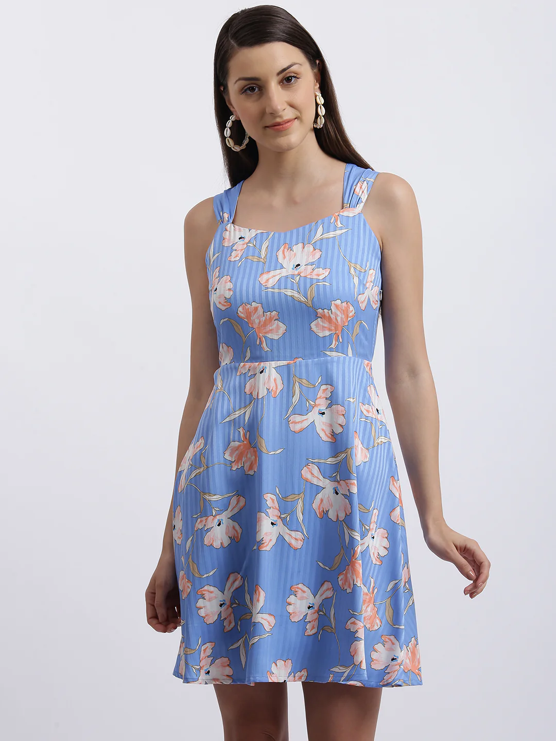 Blue Floral Print Fit & Flare Dress - Image 2