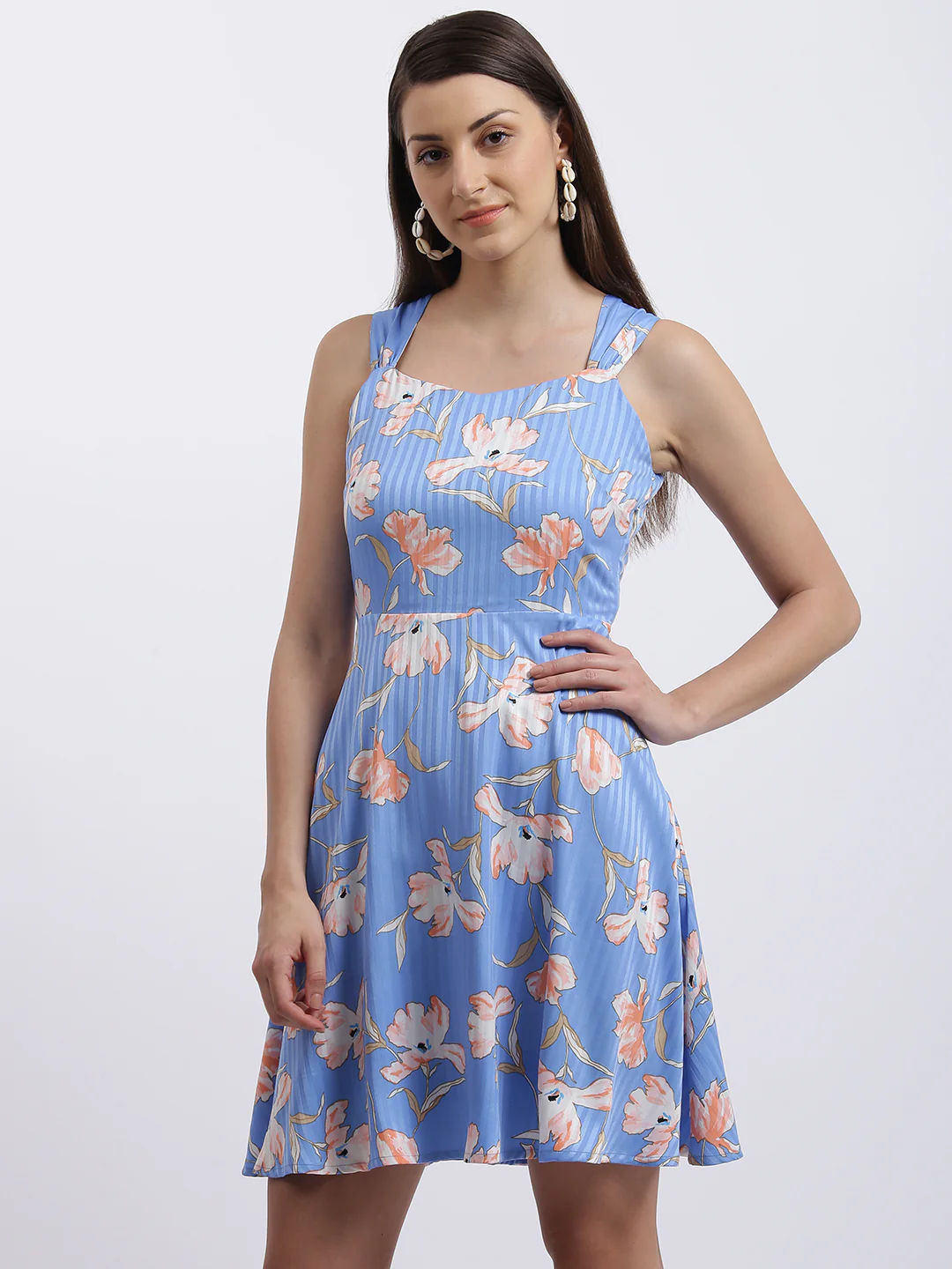 Blue Floral Print Fit & Flare Dress - Image 3