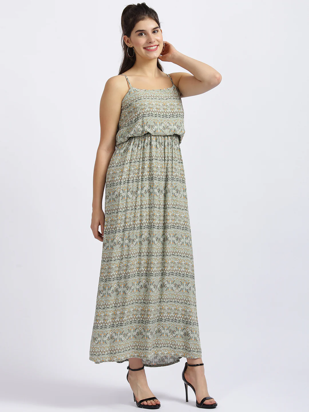 Green Floral Print Fit & Flare Dress - Image 3