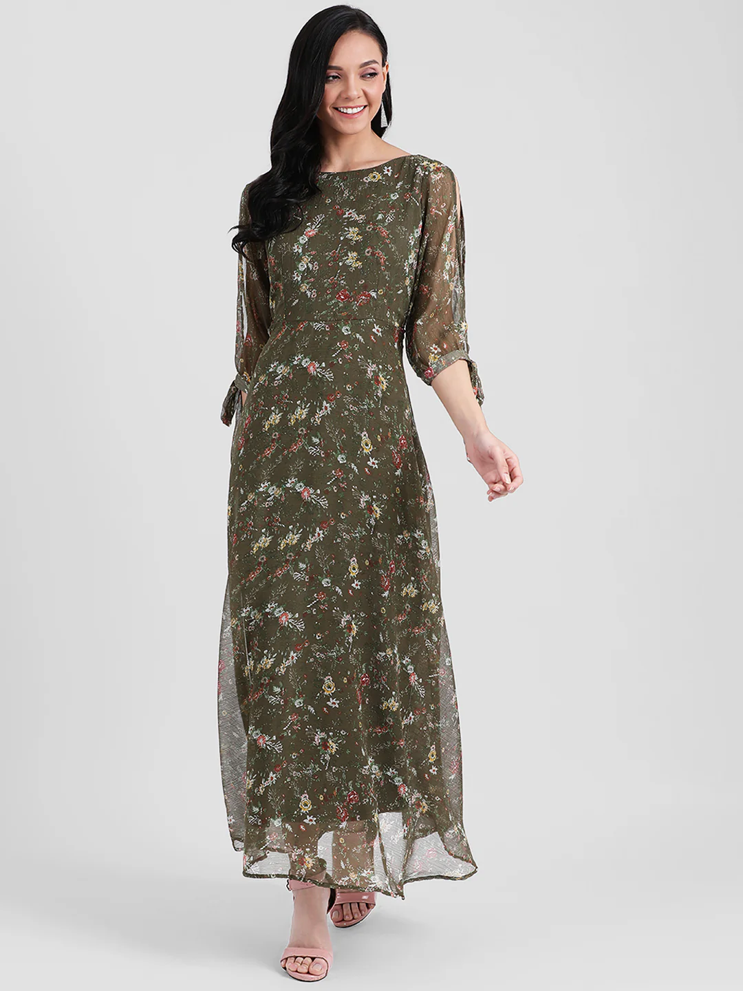 Green Floral Print Slit Sleeve Maxi Dress
