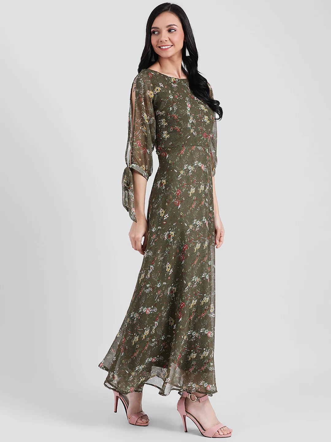Green Floral Print Slit Sleeve Maxi Dress - Image 3