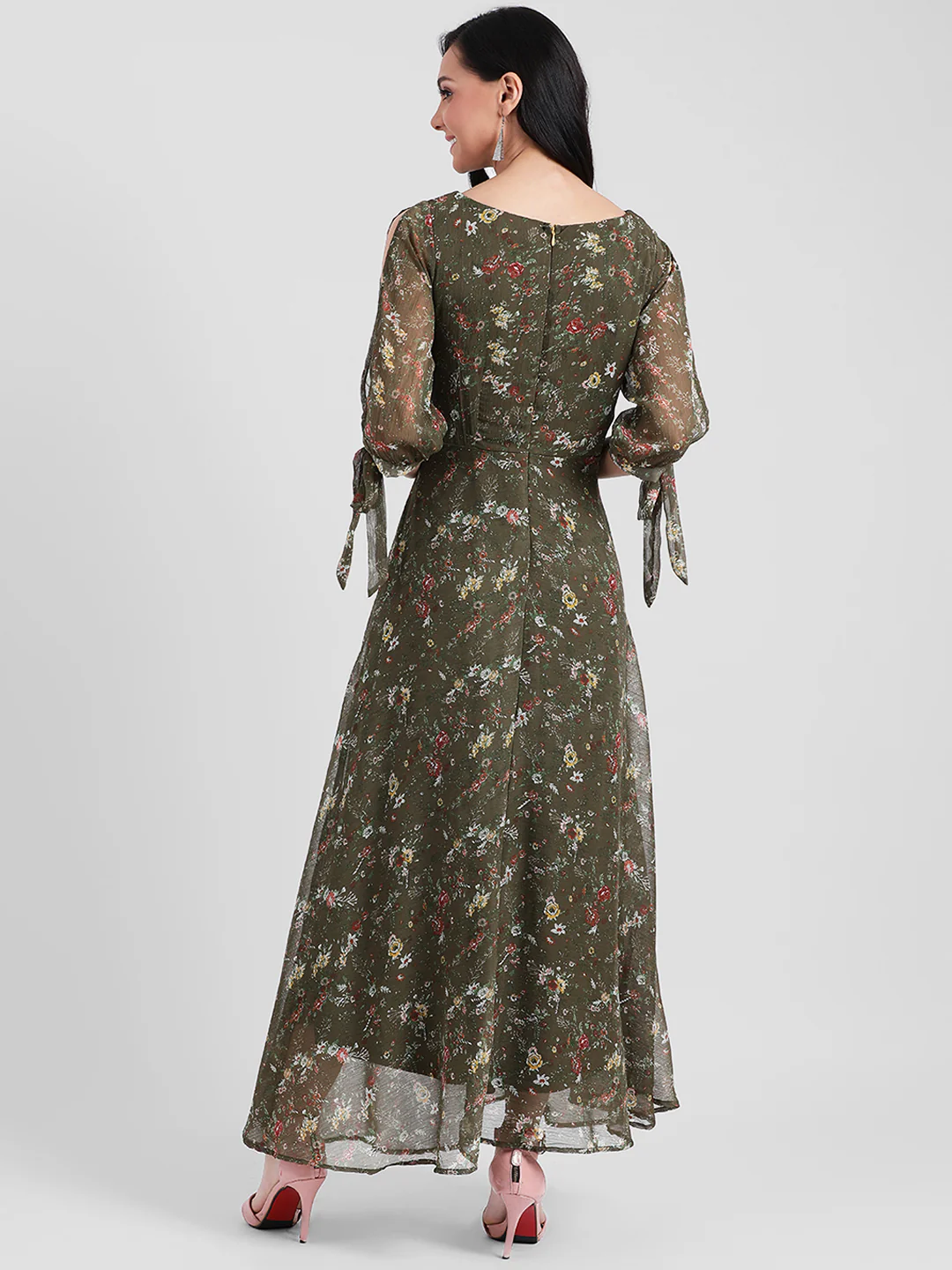 Green Floral Print Slit Sleeve Maxi Dress - Image 4