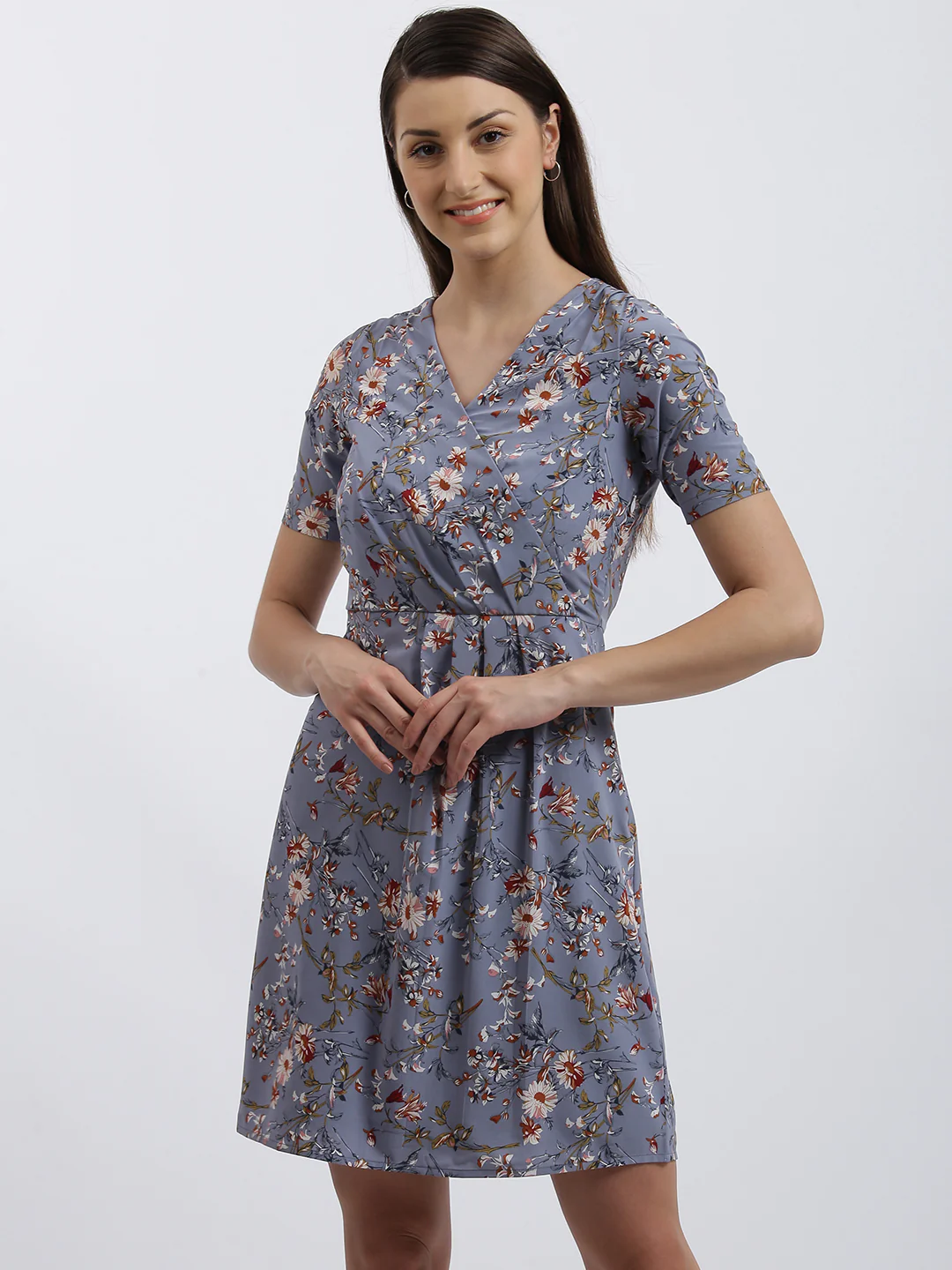Grey Floral Print Fit & Flare Dress - Image 2