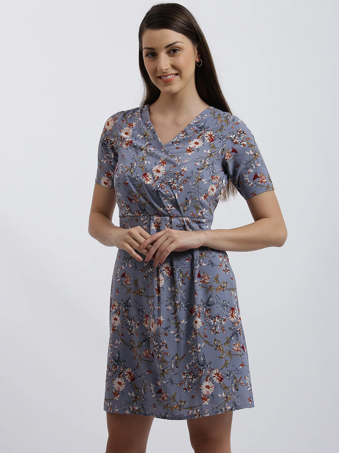 Grey Floral Print Fit & Flare Dress - Image 3