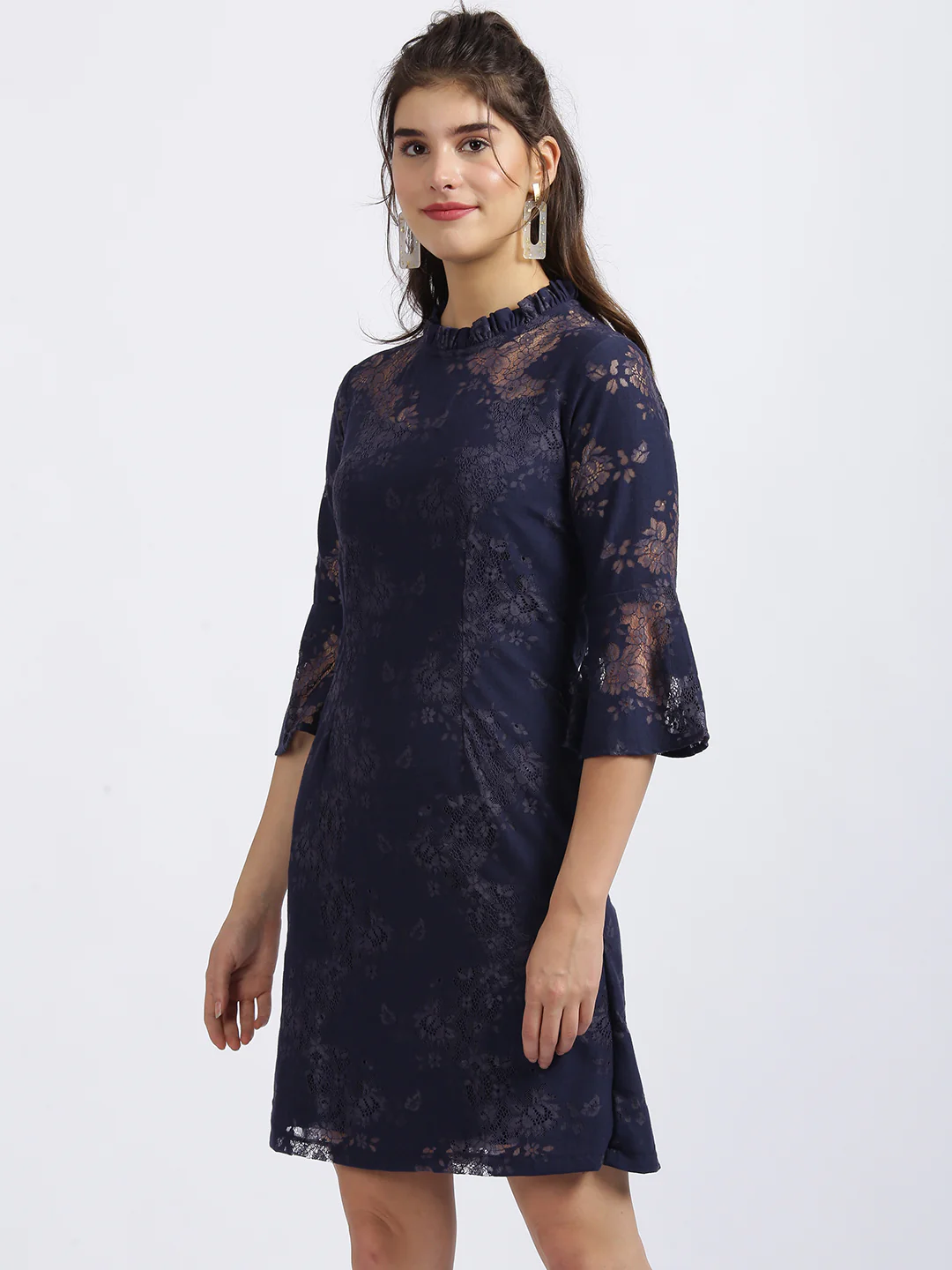 Navy Blue Self Design Fit & Flare Dress - Image 2