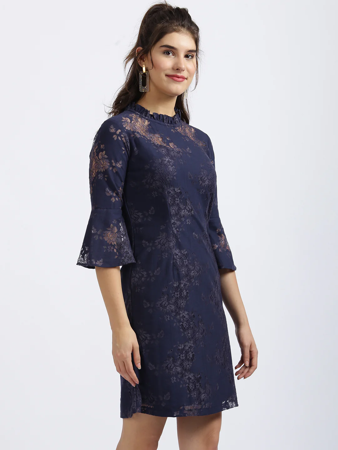 Navy Blue Self Design Fit & Flare Dress - Image 3