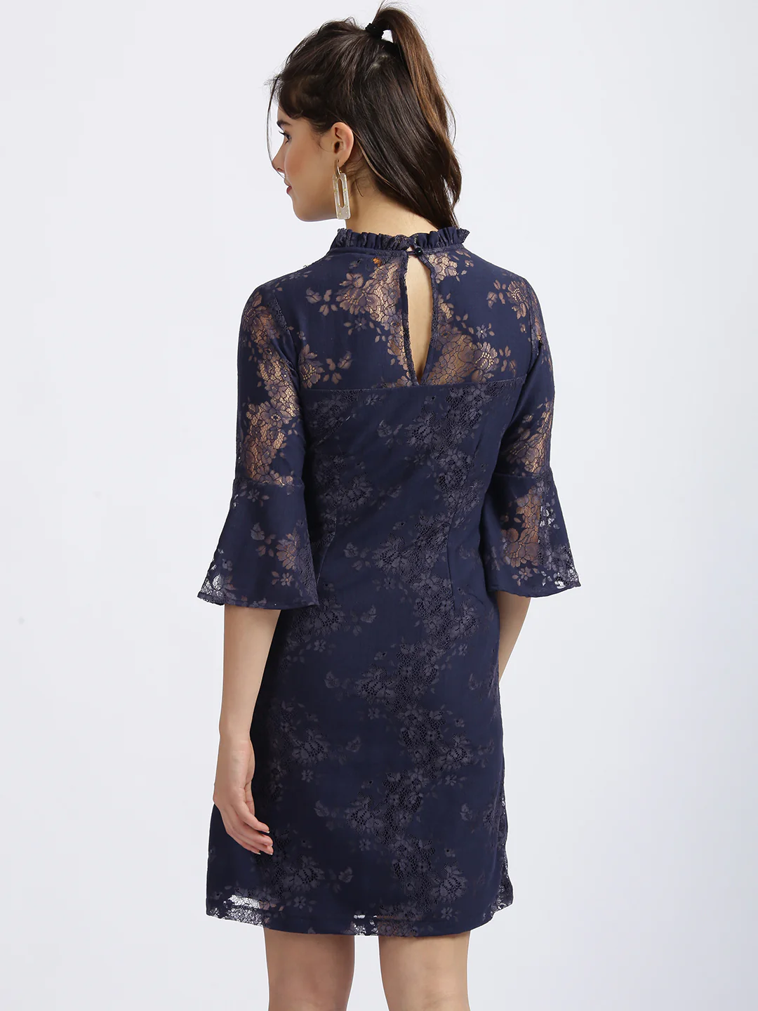Navy Blue Self Design Fit & Flare Dress - Image 4