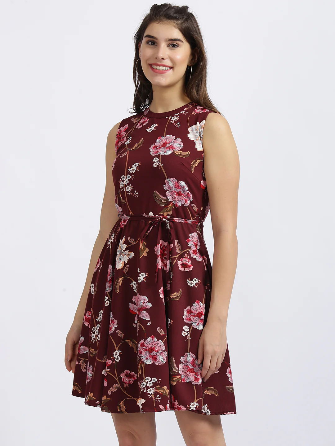 Maroon Floral Print Fit & Flare Dress - Image 2