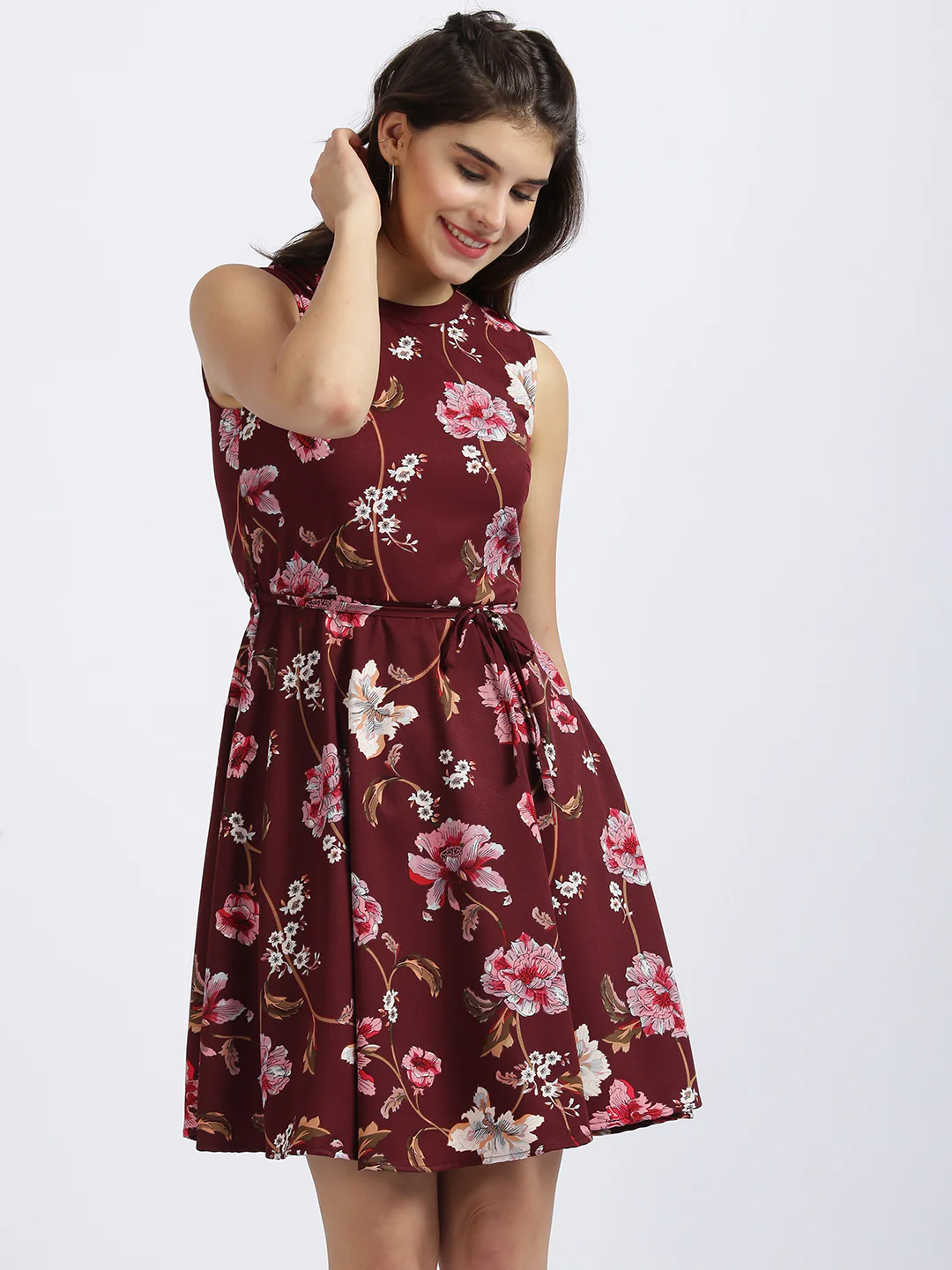 Maroon Floral Print Fit & Flare Dress - Image 3