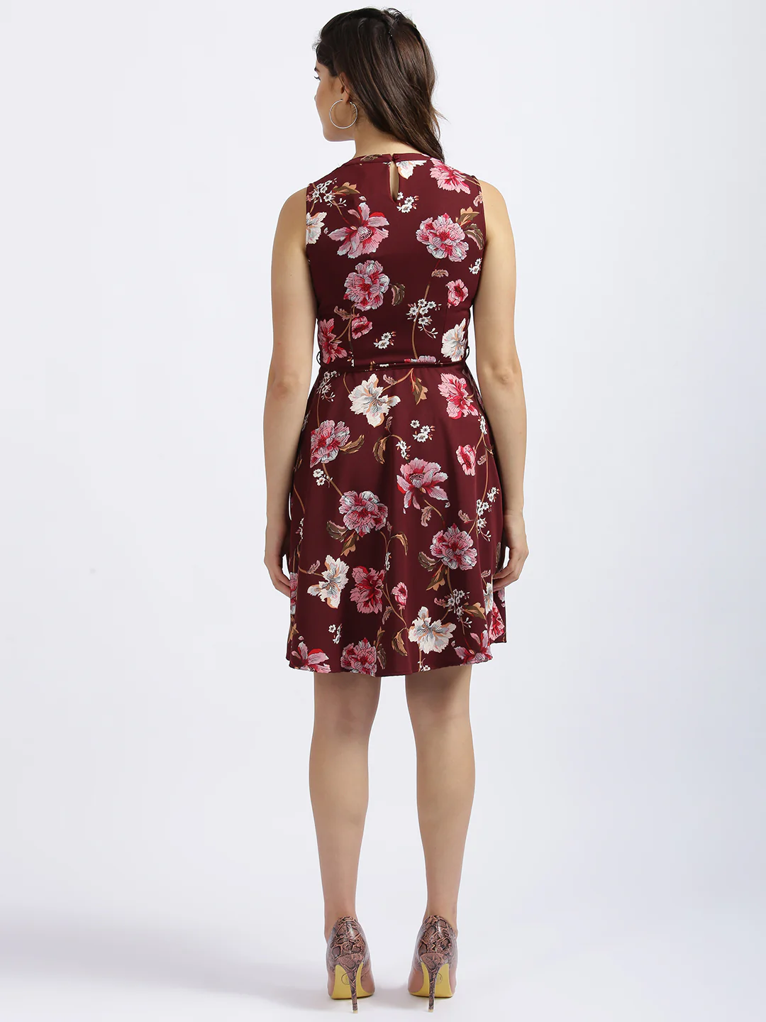 Maroon Floral Print Fit & Flare Dress - Image 4