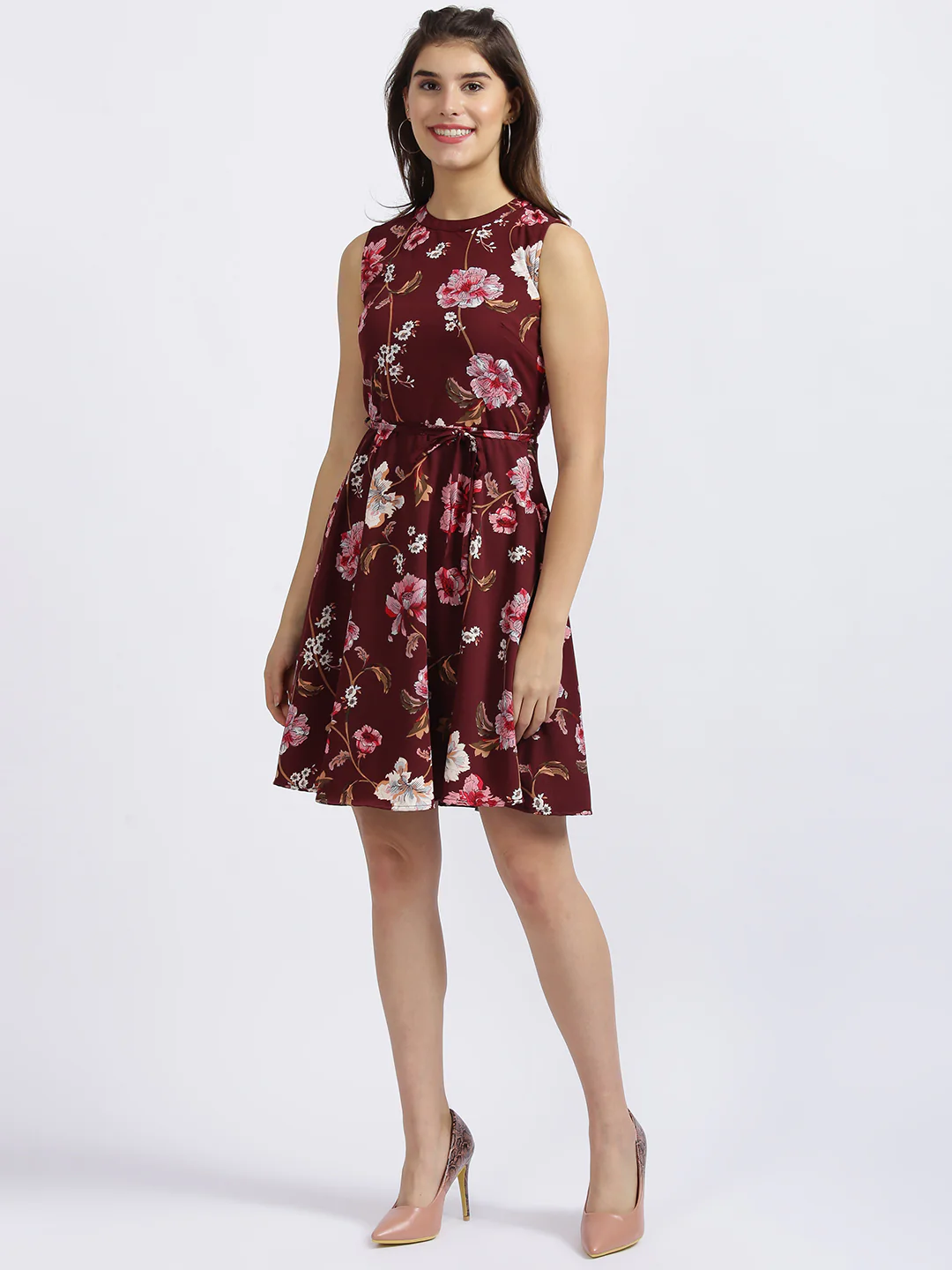 Maroon Floral Print Fit & Flare Dress - Image 5