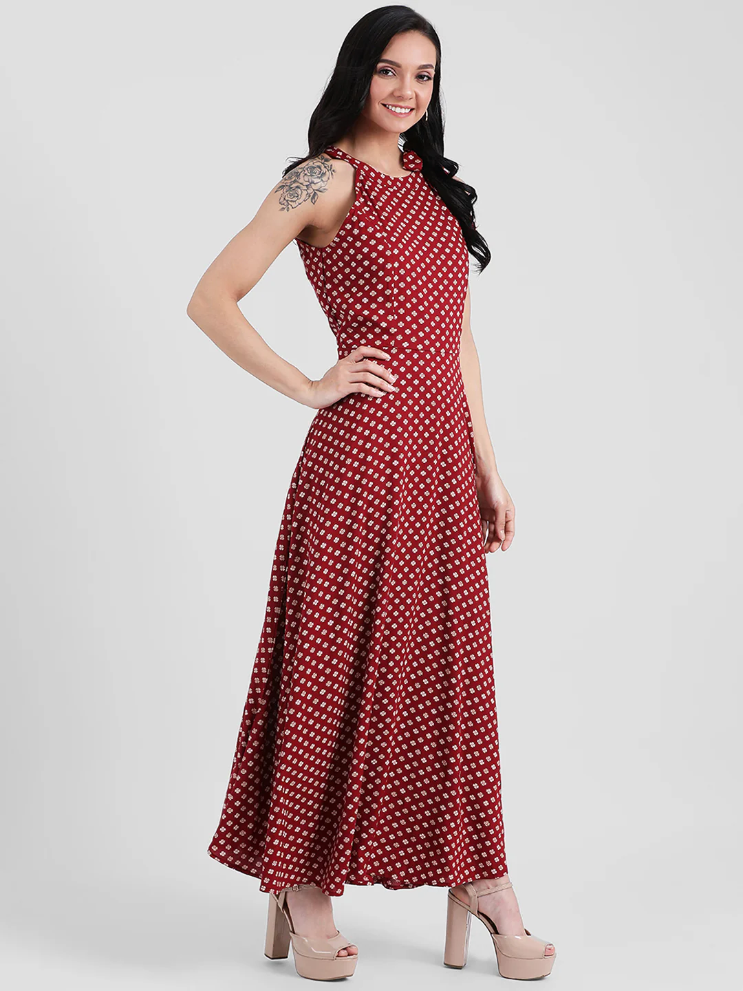 Red Floral Print A-Line Maxi Dress - Image 3