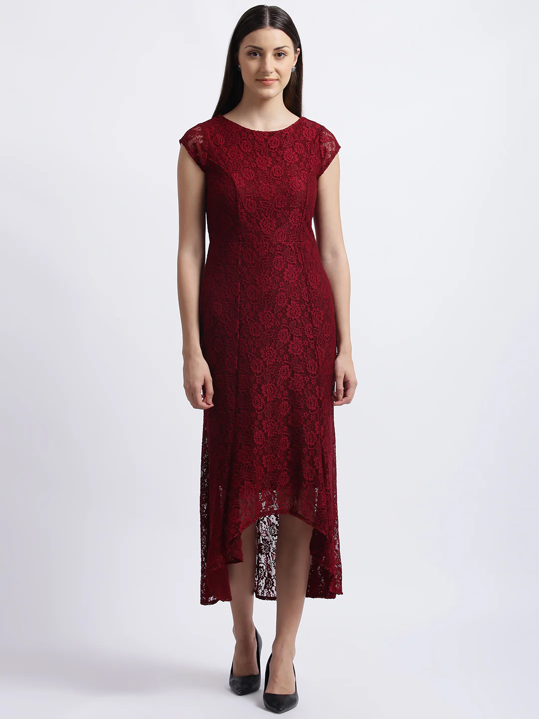 Maroon Self Design Fit & Flare Dress - Image 2
