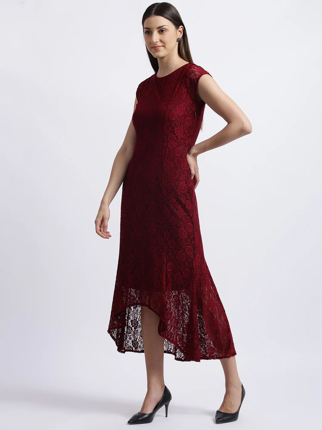 Maroon Self Design Fit & Flare Dress - Image 3