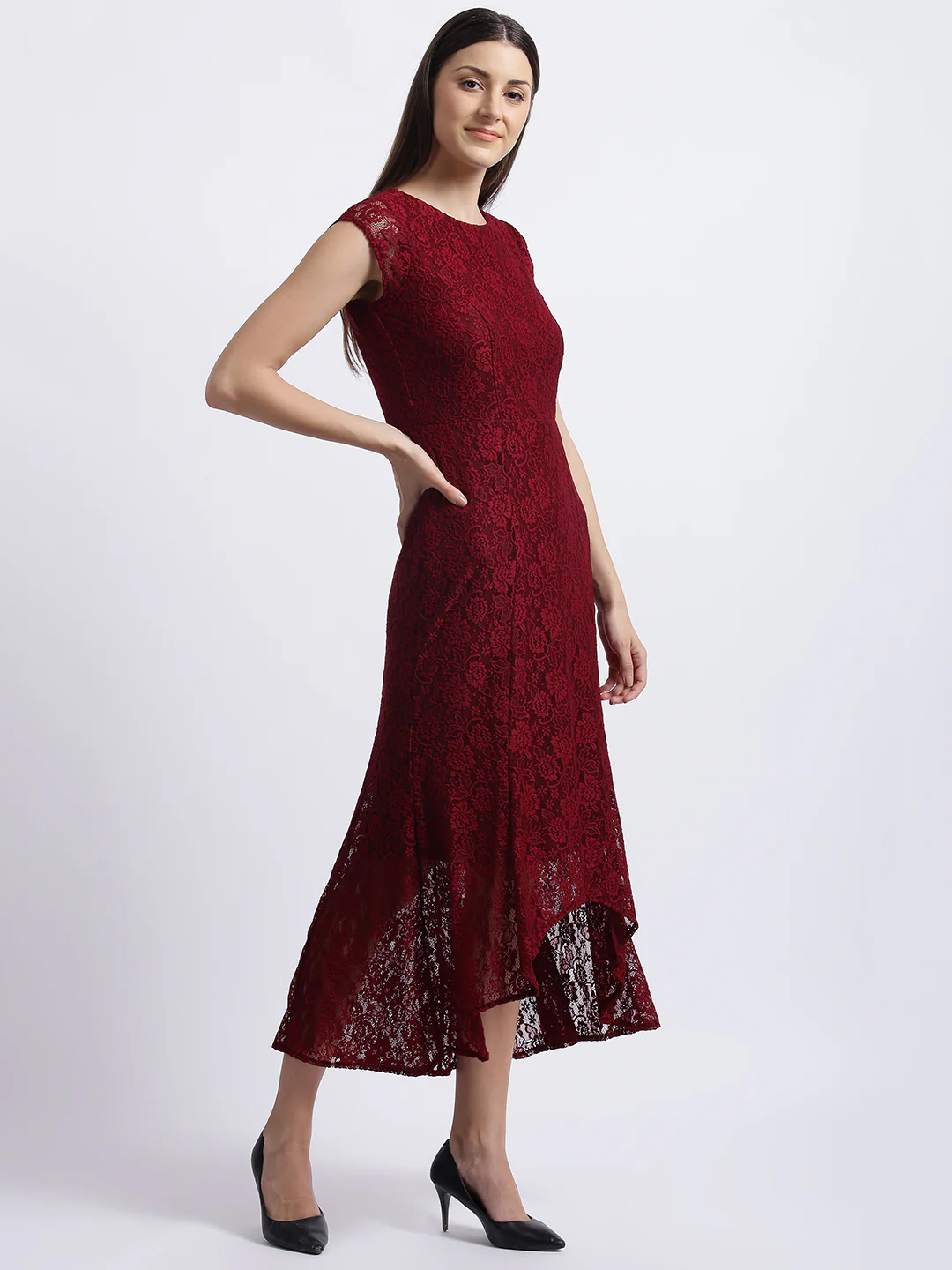 Maroon Self Design Fit & Flare Dress - Image 4