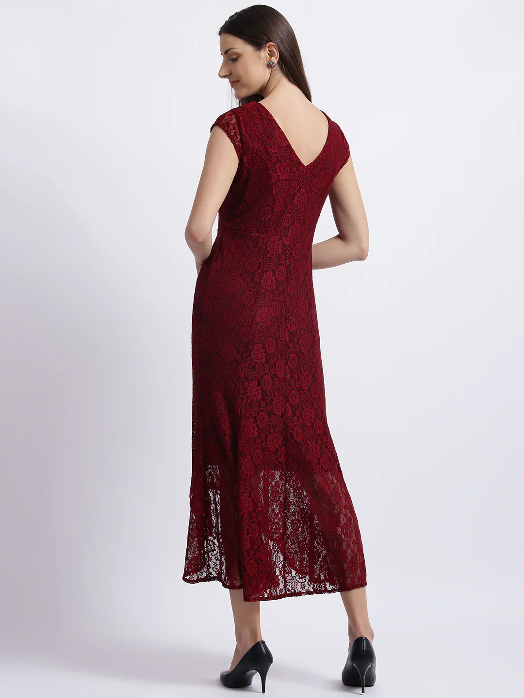 Maroon Self Design Fit & Flare Dress - Image 5