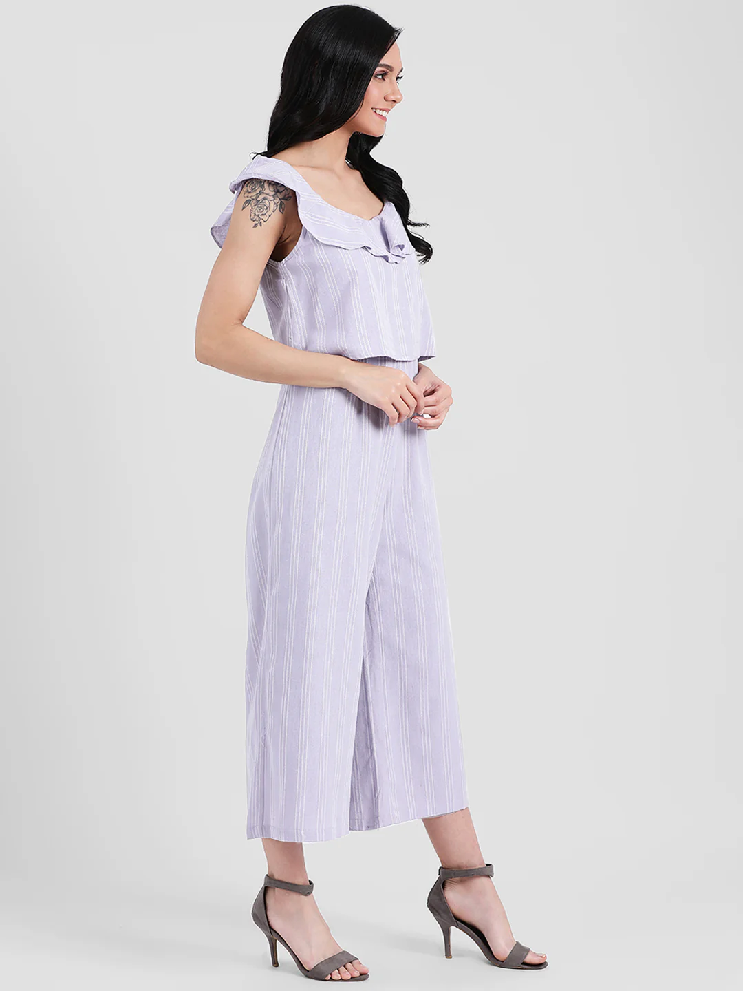Mauve Striped Ruffled Jumpsuit - Image 3