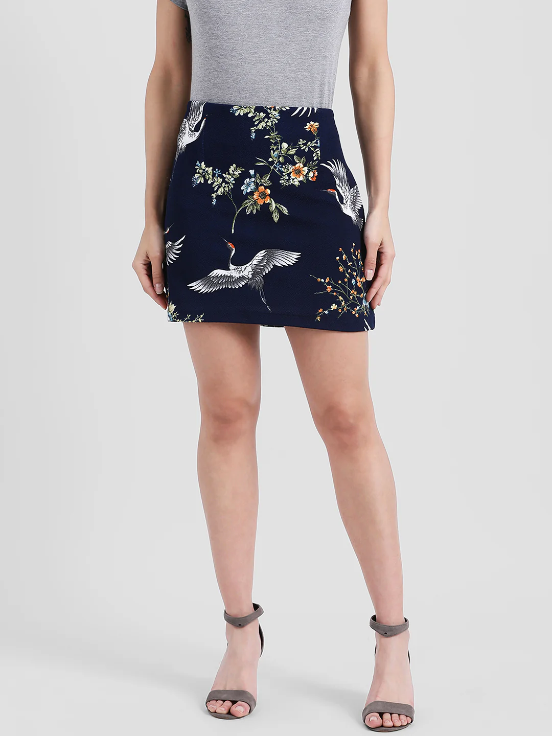 Navy Blue Printed Straight Skirt