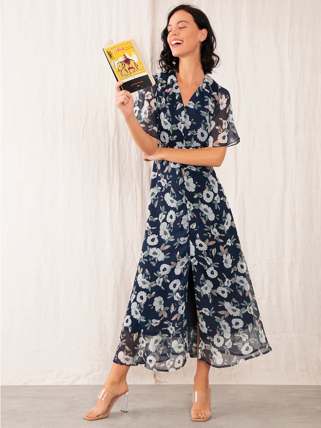 Navy Floral Print Fit & Flare Dress