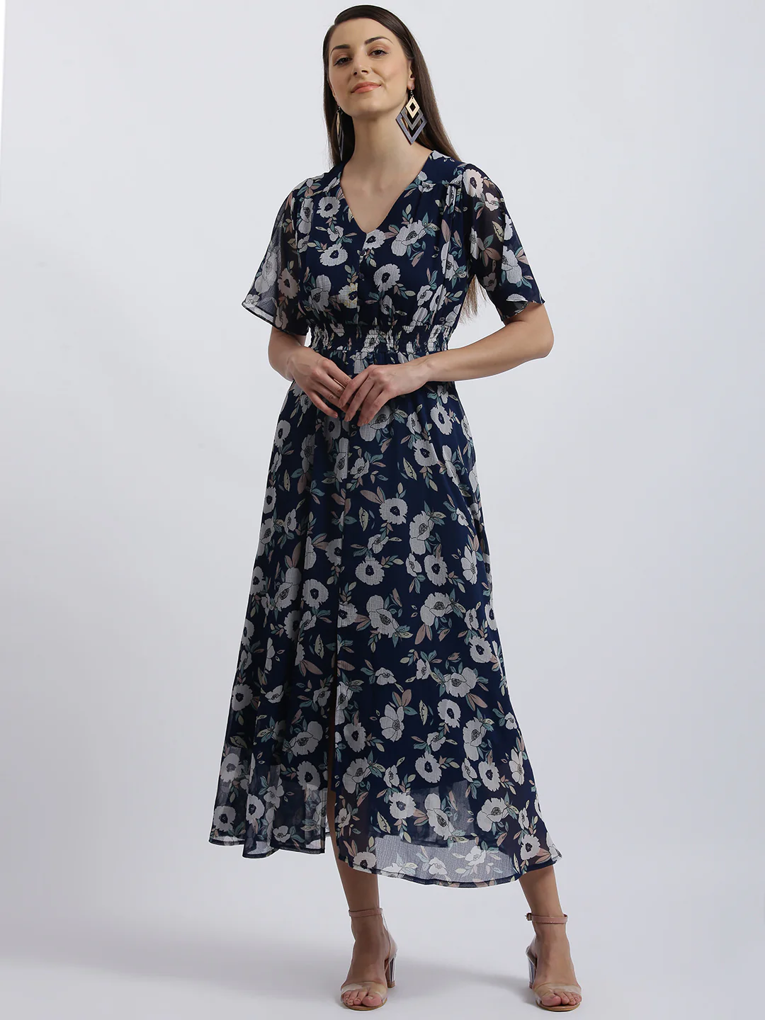 Navy Floral Print Fit & Flare Dress - Image 2