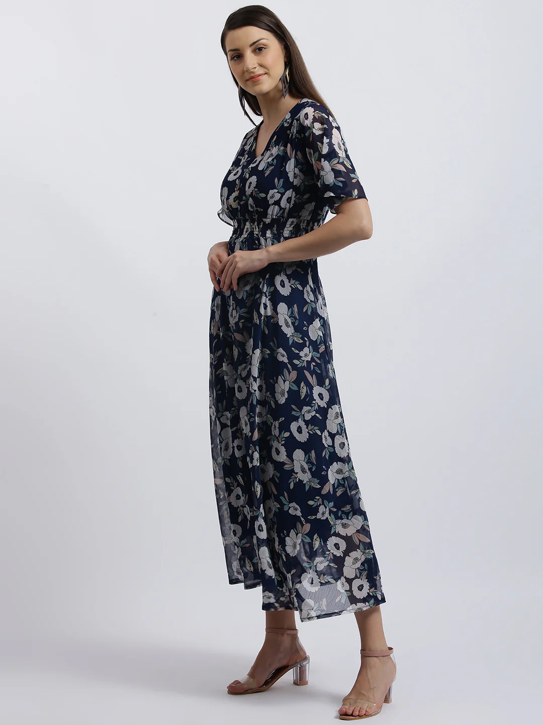 Navy Floral Print Fit & Flare Dress - Image 3