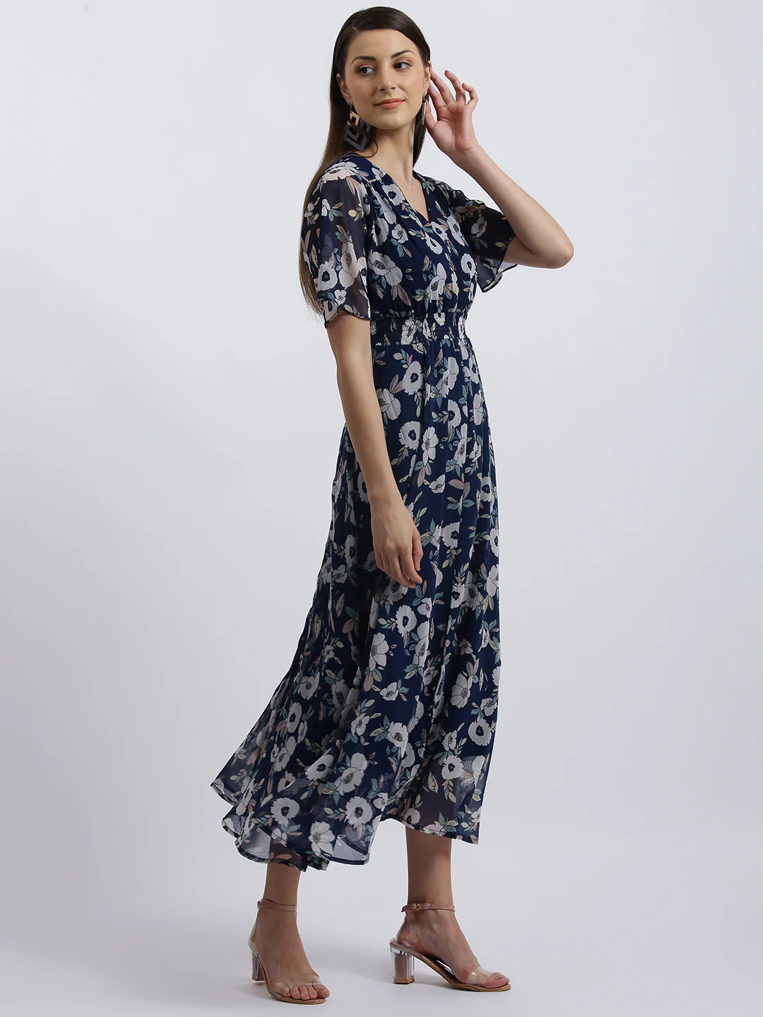 Navy Floral Print Fit & Flare Dress - Image 4
