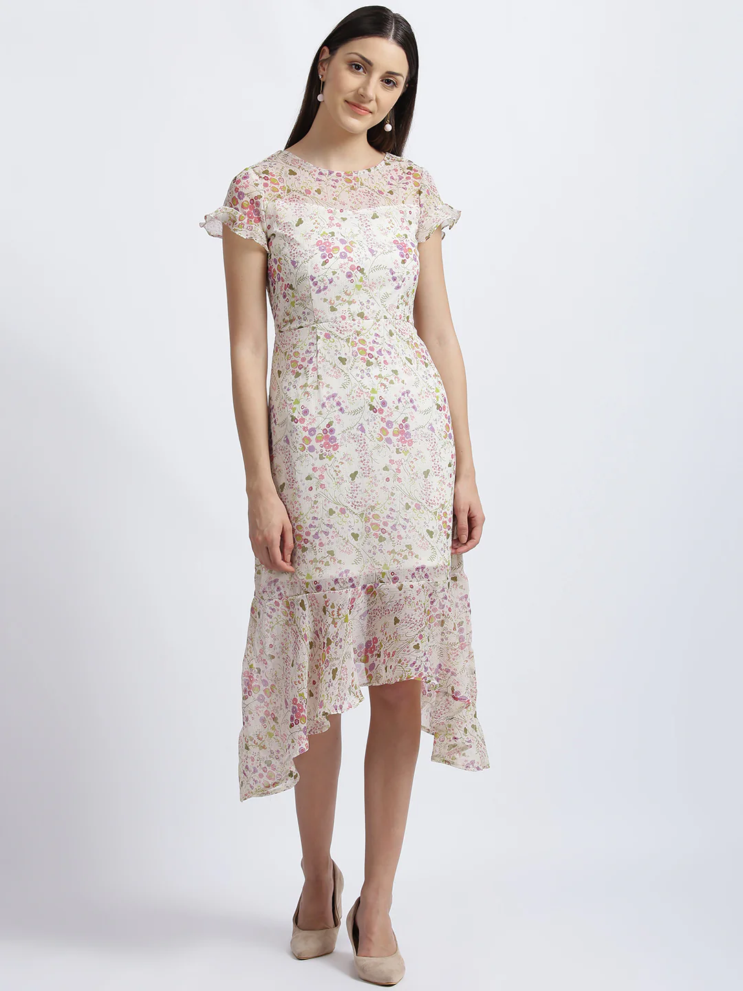 Off White Floral Print Fit & Flare Dress - Image 2