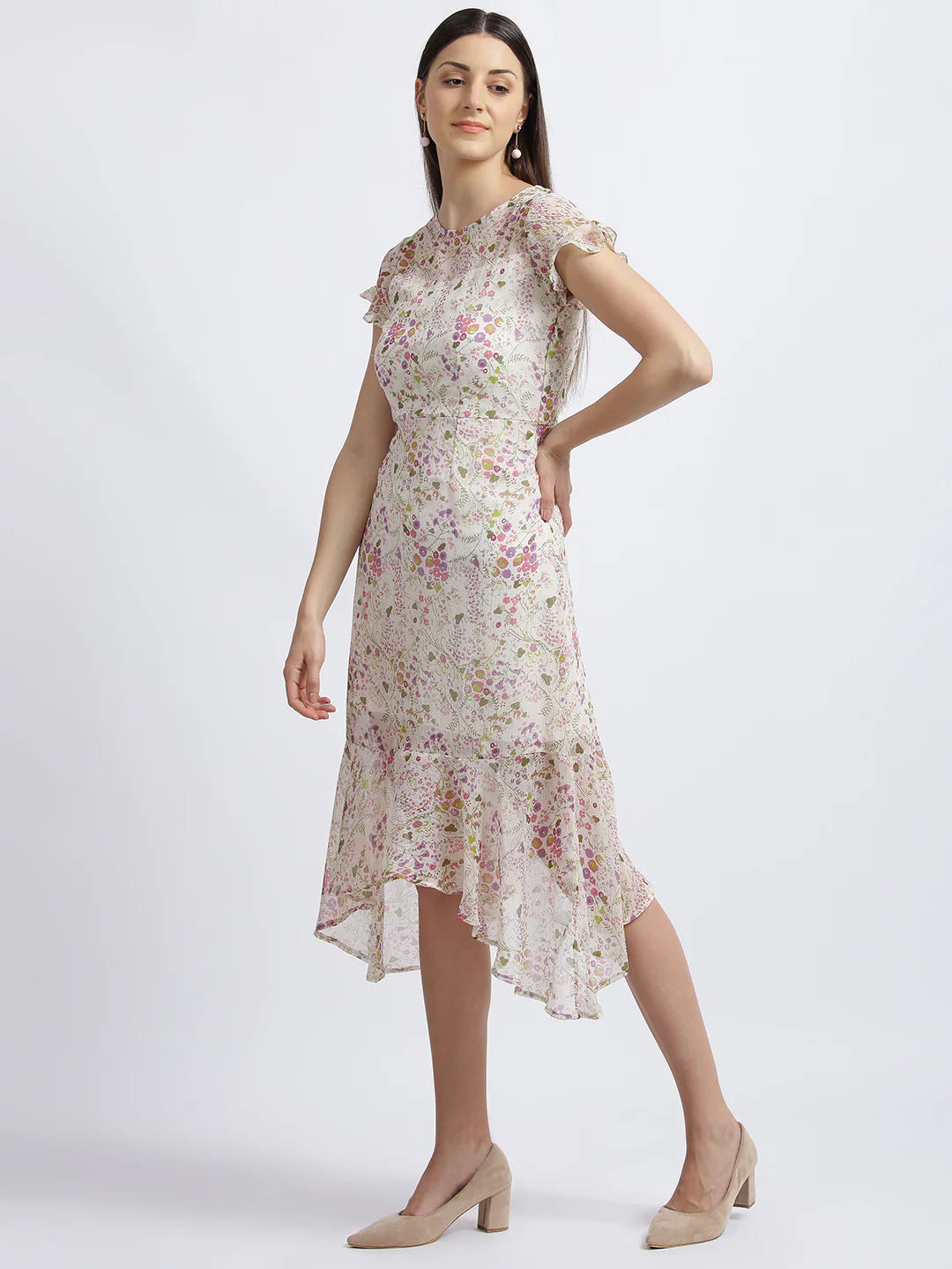 Off White Floral Print Fit & Flare Dress - Image 3