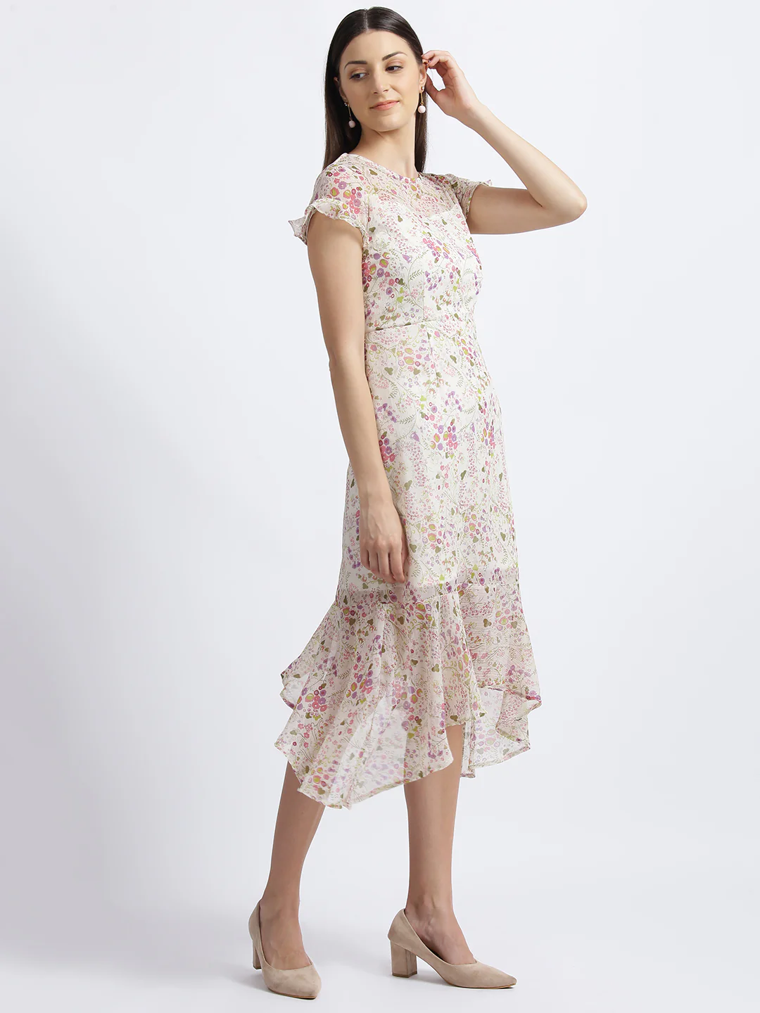 Off White Floral Print Fit & Flare Dress - Image 4