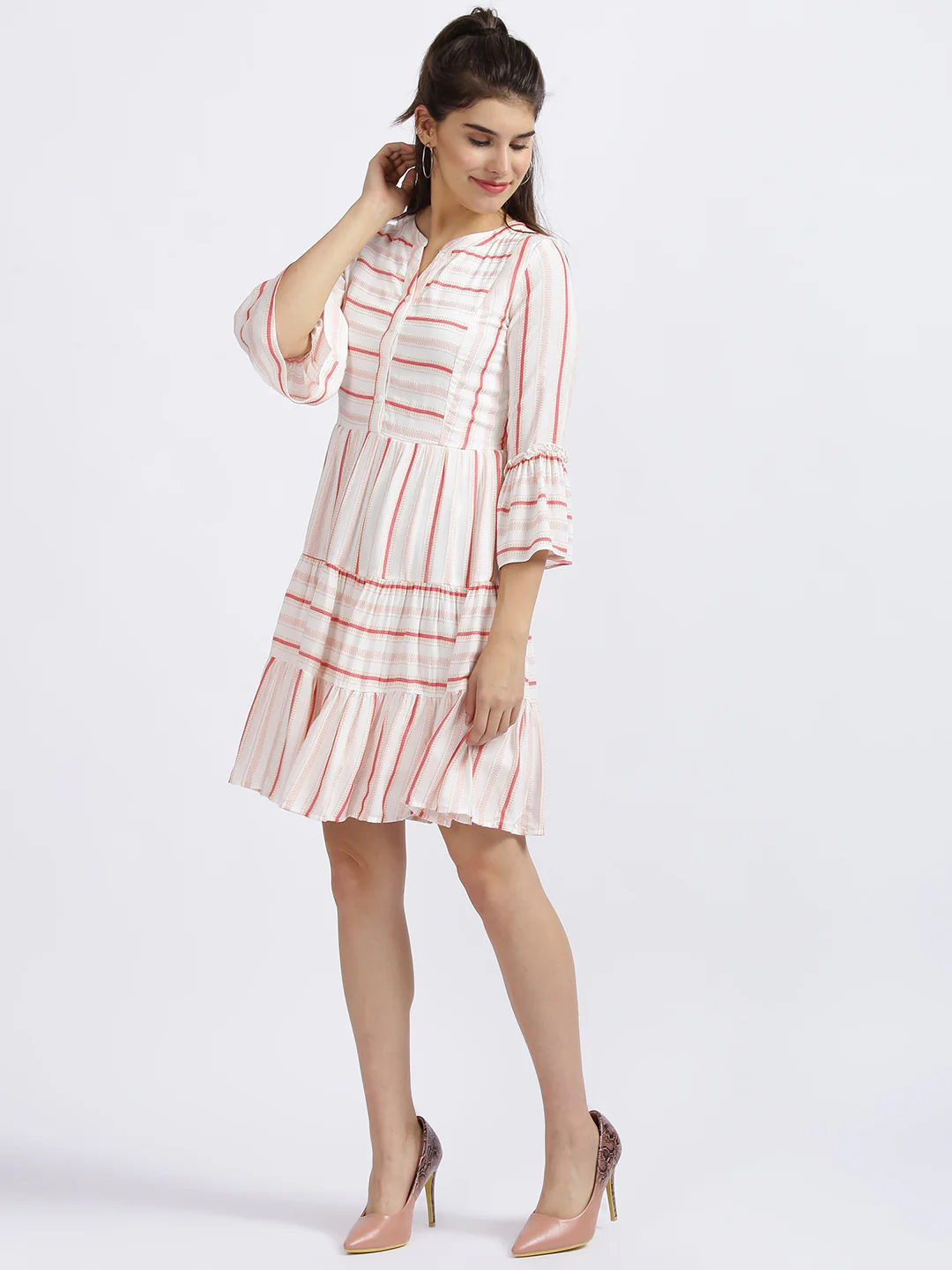 Off White Striped Tiered Dress - Image 2