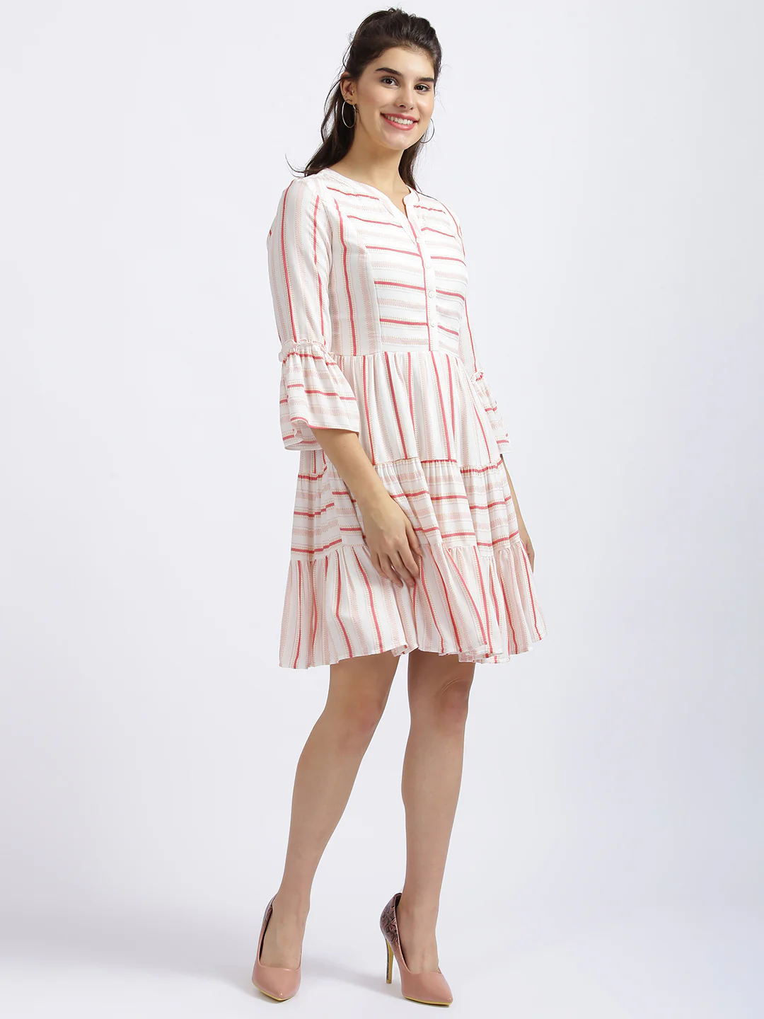 Off White Striped Tiered Dress - Image 3