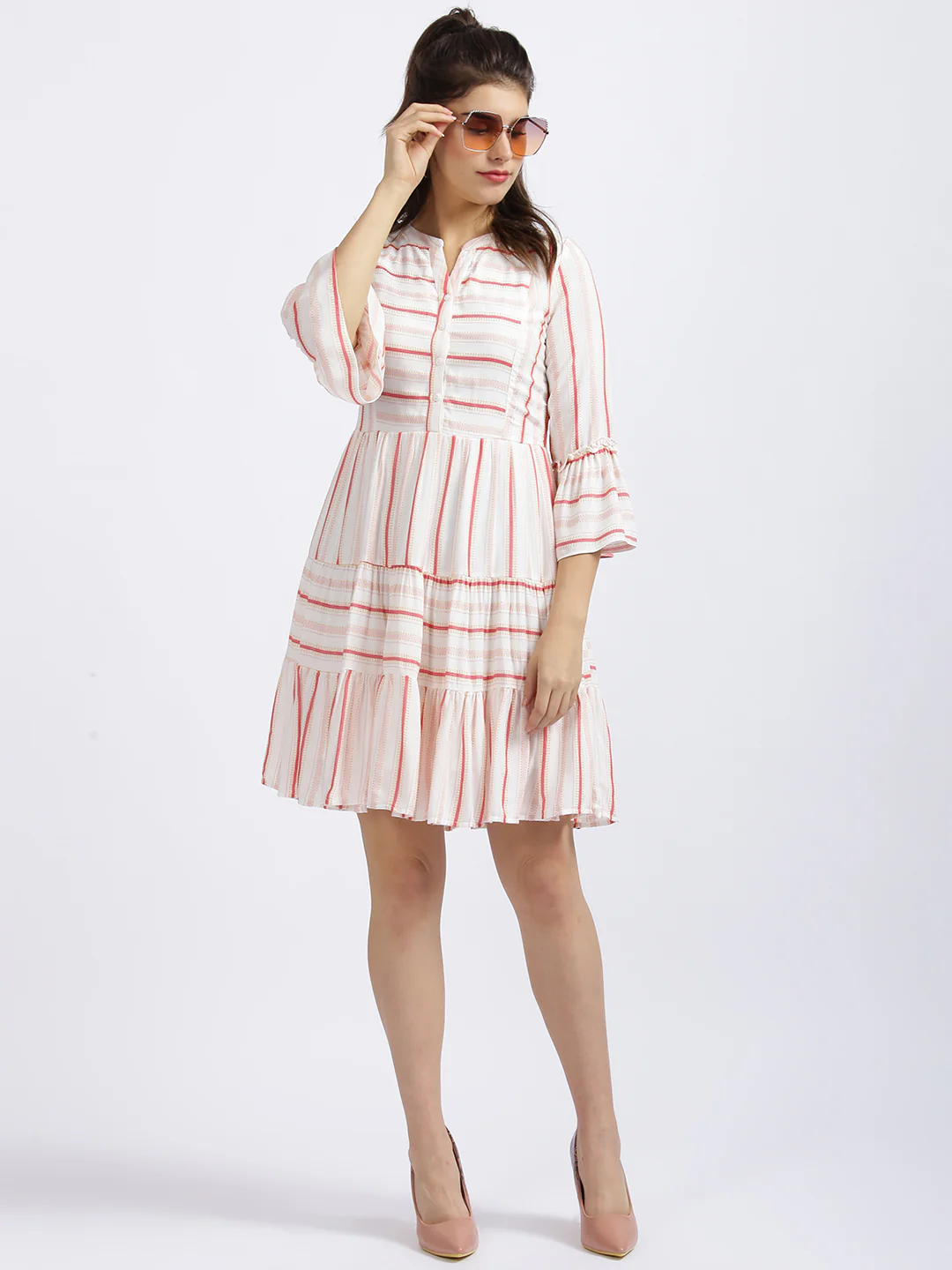 Off White Striped Tiered Dress - Image 5