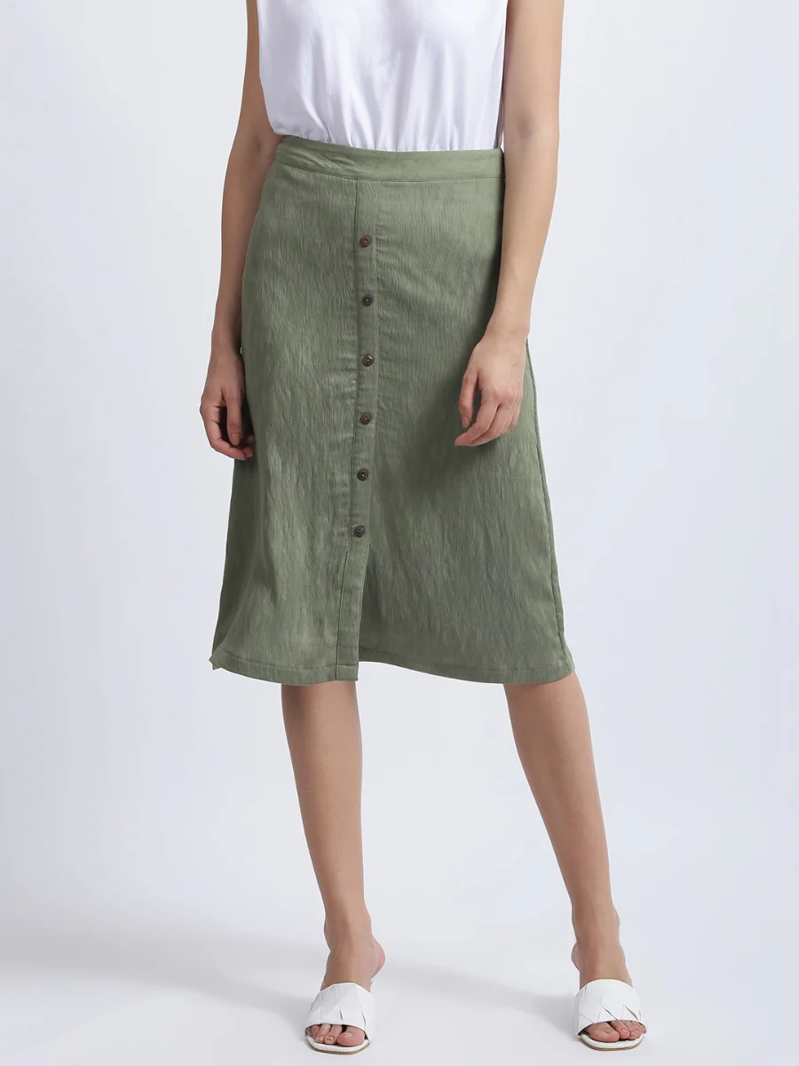 Olive Green Solid High Waisted Skirt - Image 2