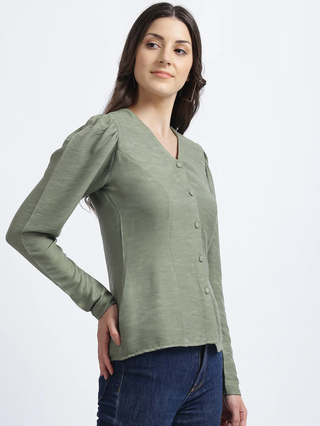 Olive Green Solid Regular Top - Image 3