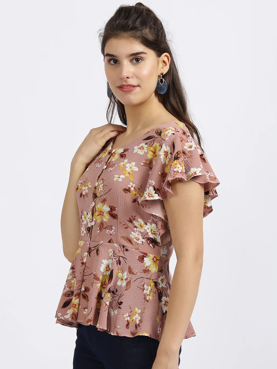 Pink Floral Print Peplum Top - Image 2