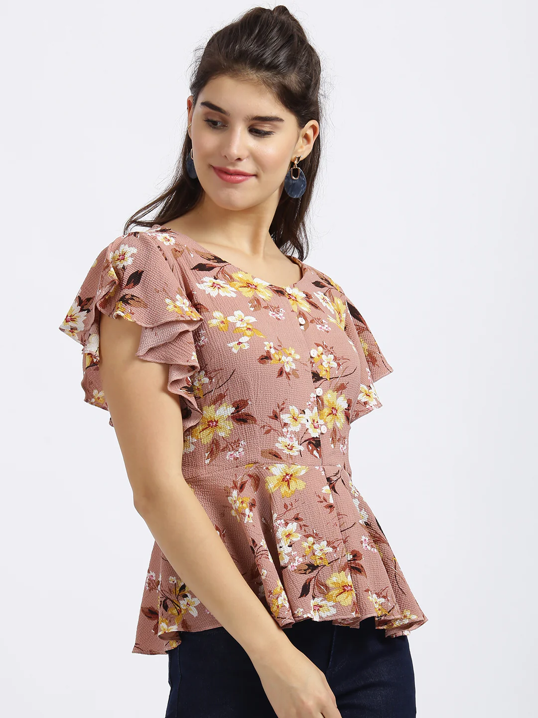 Pink Floral Print Peplum Top - Image 3