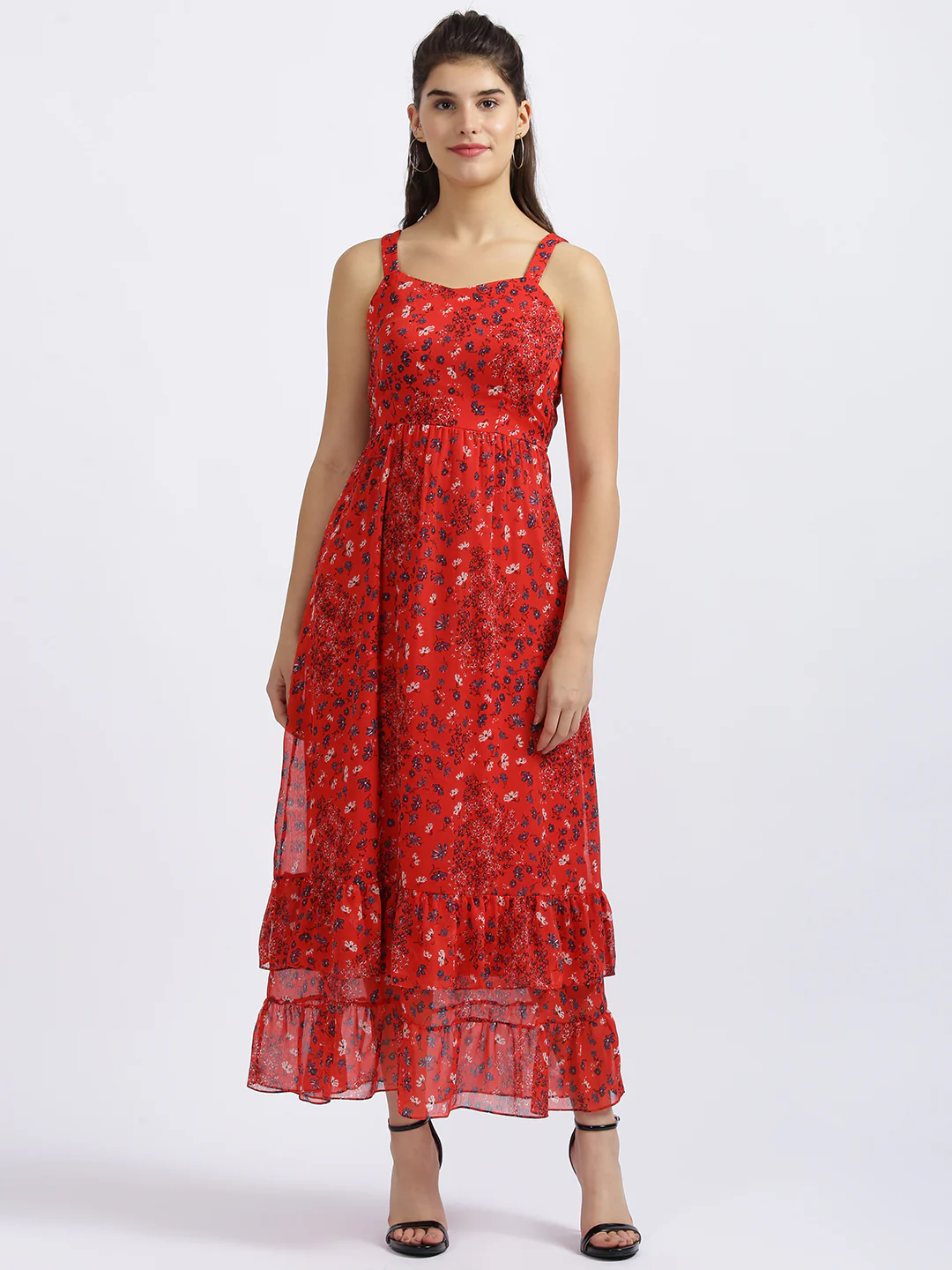 Red Floral Print Tiered Maxi Dress