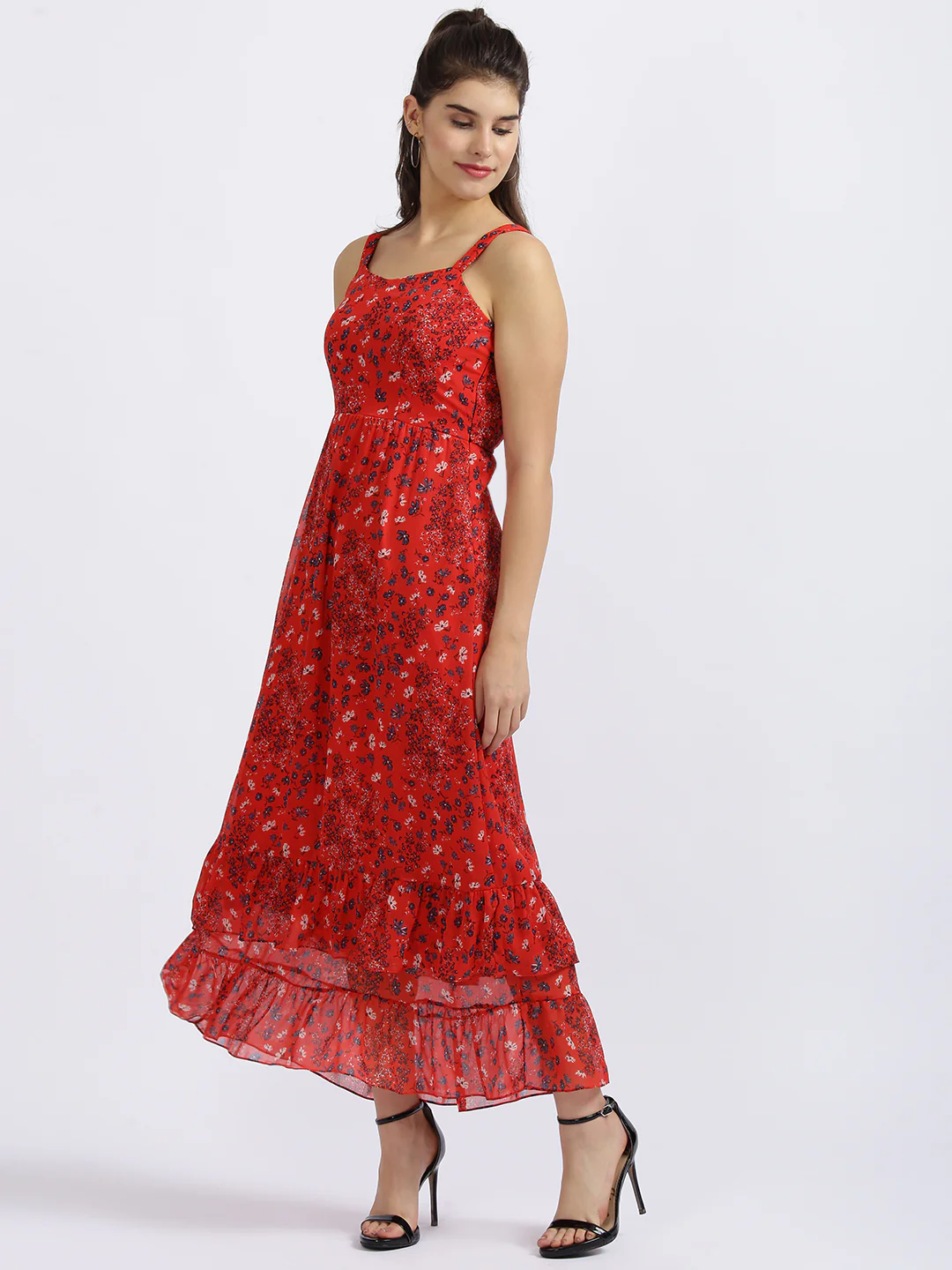 Red Floral Print Tiered Maxi Dress - Image 2