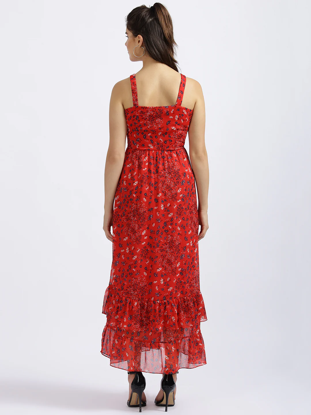 Red Floral Print Tiered Maxi Dress - Image 4