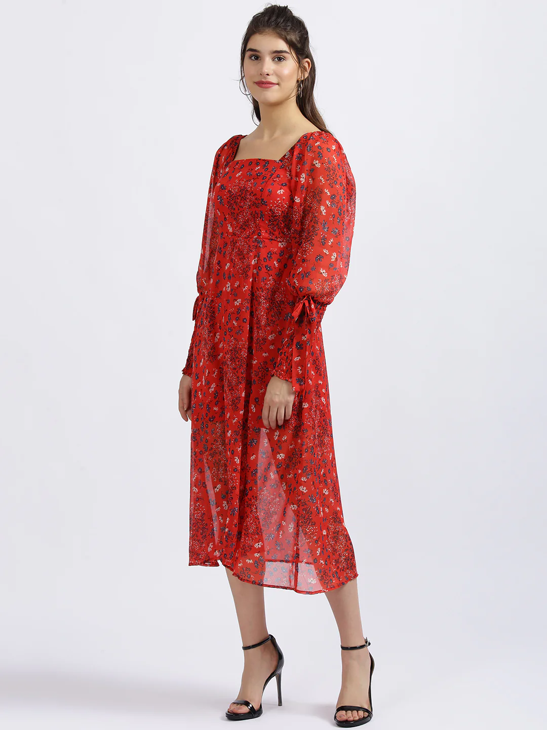 Red Floral Print Fit & Flare Dress - Image 2
