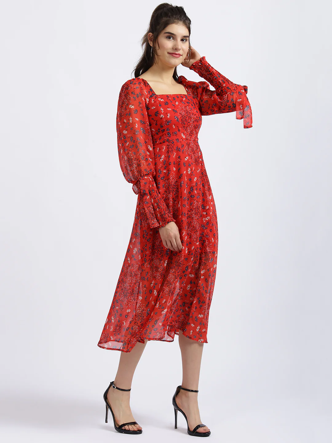 Red Floral Print Fit & Flare Dress - Image 3