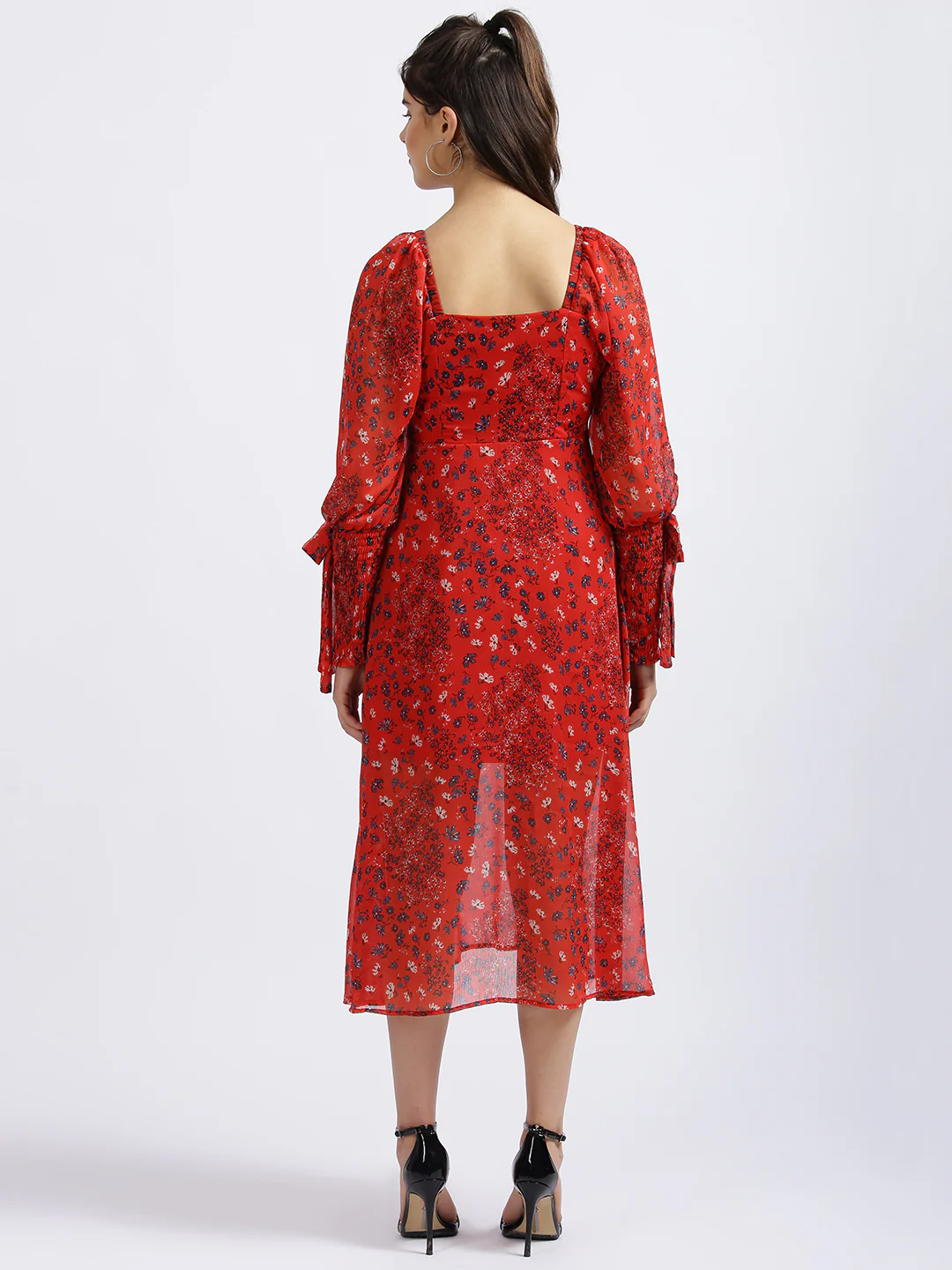 Red Floral Print Fit & Flare Dress - Image 4
