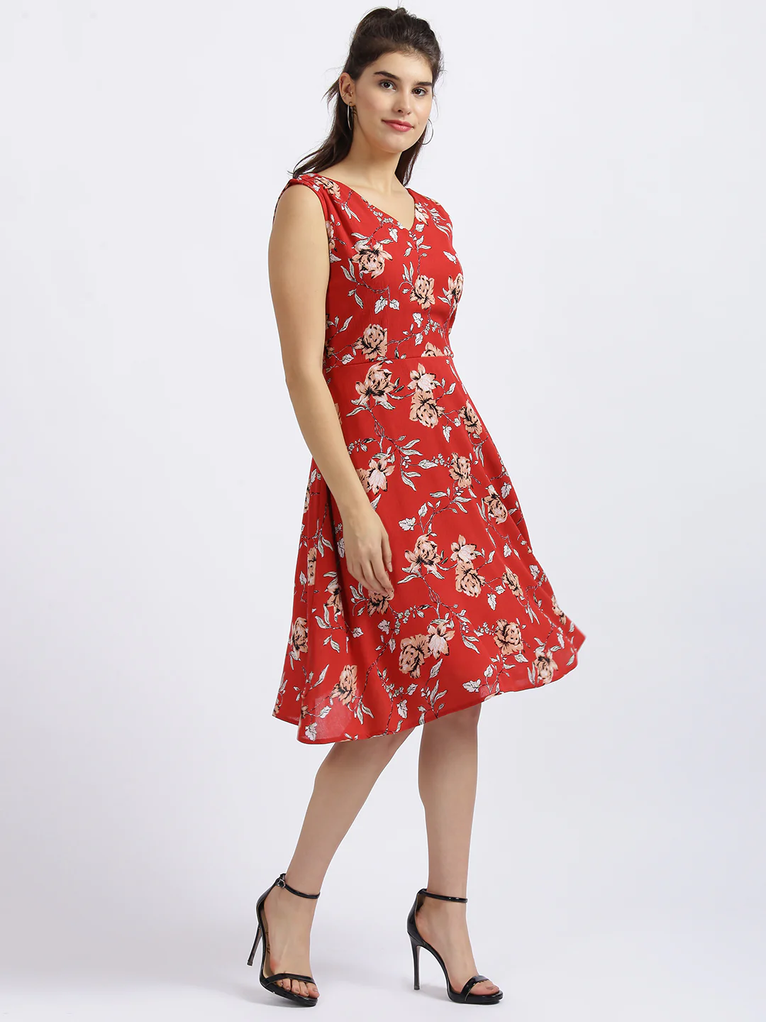 Red Floral Print Fit & Flare Dress - Image 3