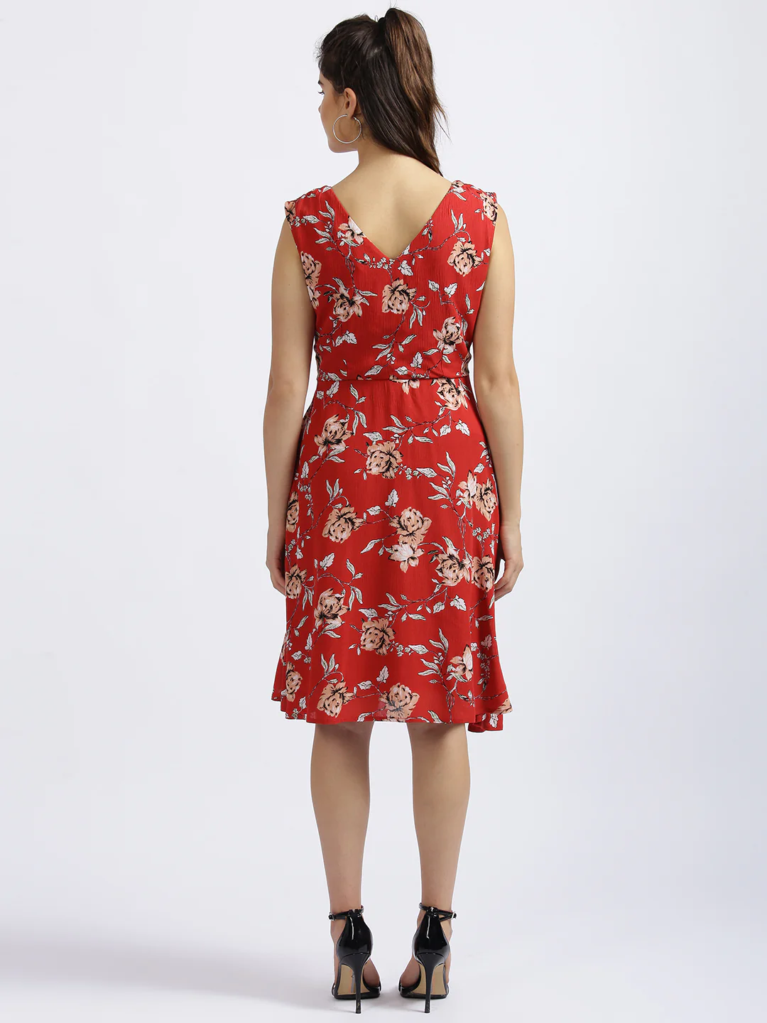 Red Floral Print Fit & Flare Dress - Image 4