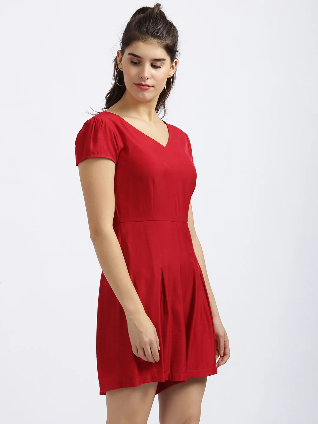 Red Solid Pleated Playsuit - Image 3