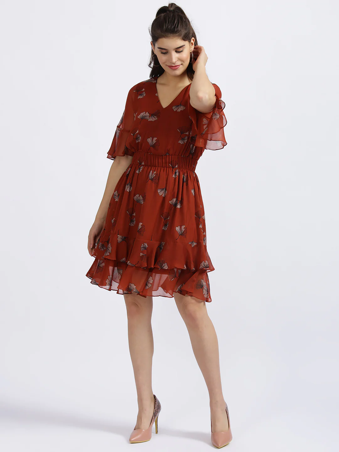 Orange Floral Print Tiered Short Dress - Image 2