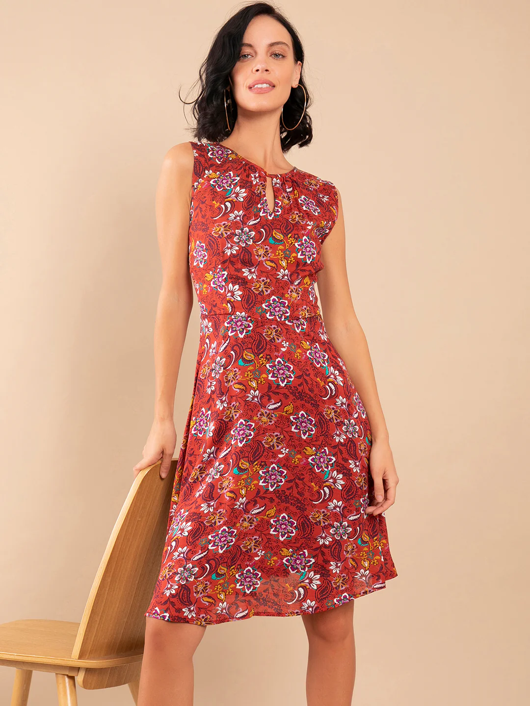 Rust Floral Print Gathered Dress