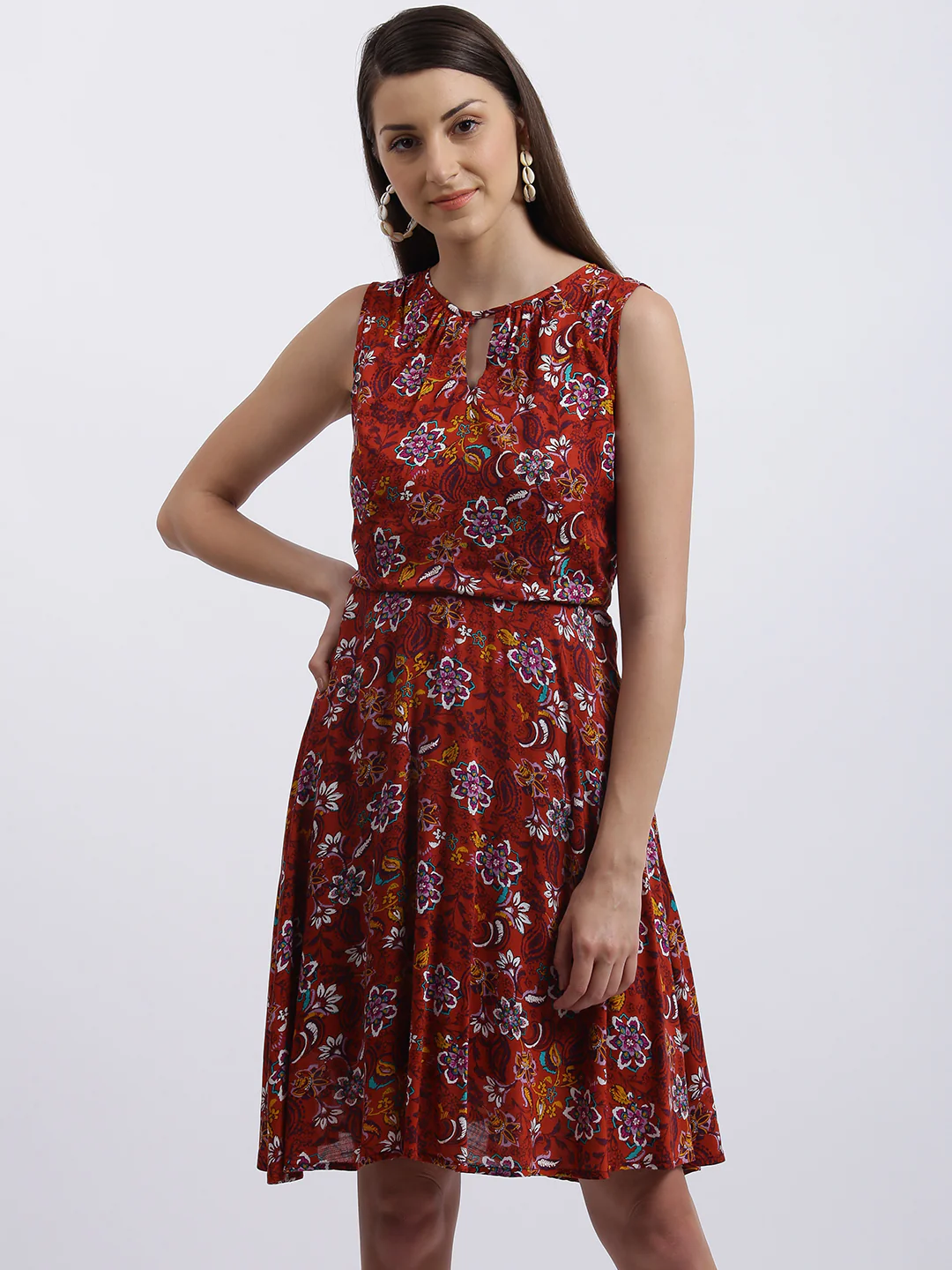 Rust Floral Print Gathered Dress - Image 2