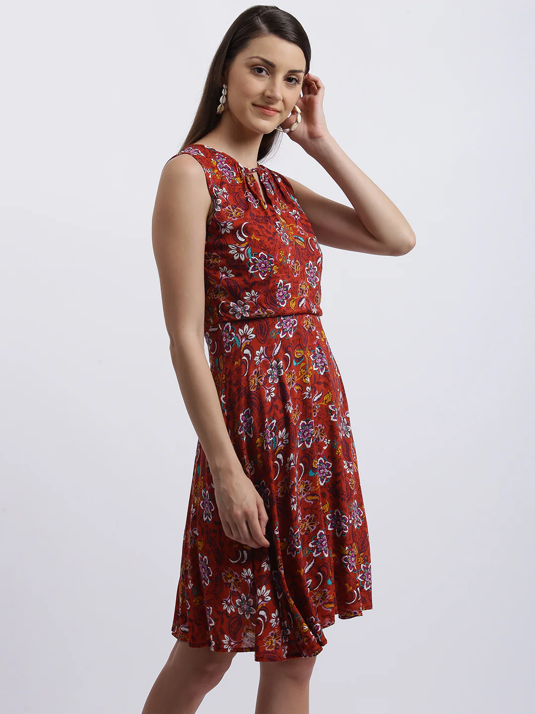 Rust Floral Print Gathered Dress - Image 4