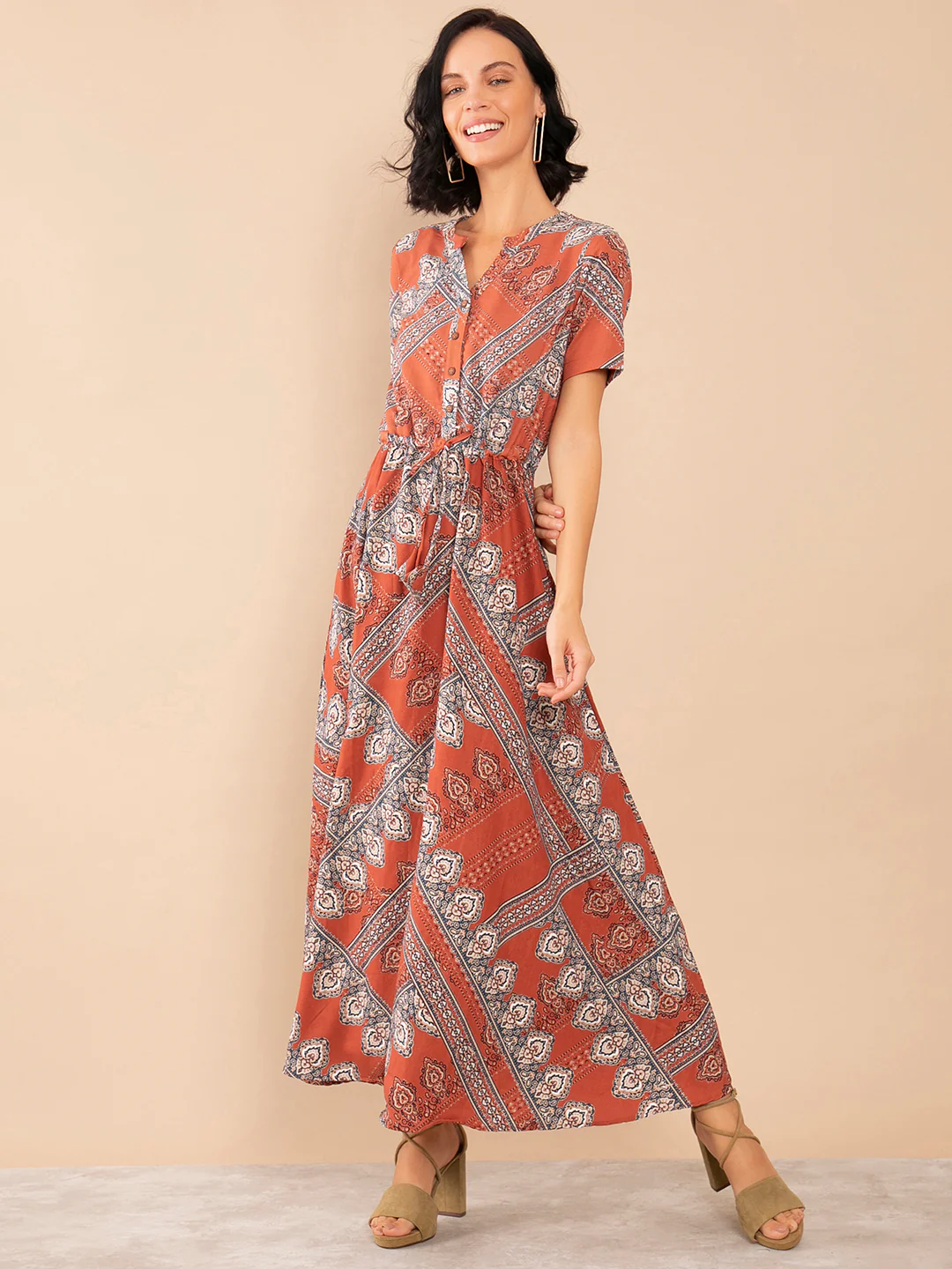 Rust Tribal Print Fit & Flare Dress